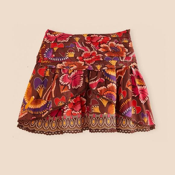 Farm Rio Floral Lace Trim Plated Waist Bright Flora Mini Skirt M